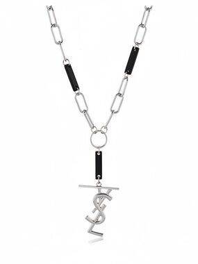 Womens Silver Letter Pendant Necklace with Black Accents